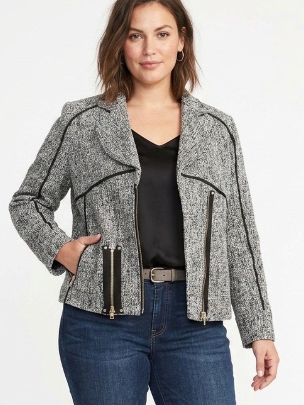 Bianca Nygard Petite Black White Tweed Moto Jacket Asymmetrical Zip Sz 14
